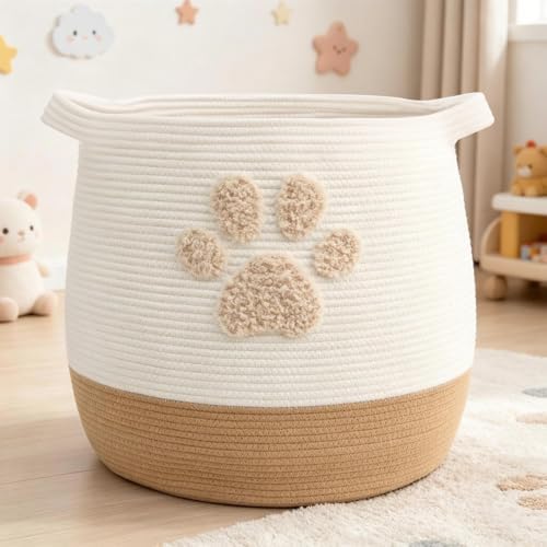 Large 17.7" Cotton Rope Pet Toy Storage Basket with Cute Paw Print - Woven Dog Toy Bin & Cat Organizer - Soft Round Hamper for Puppy Blankets, Treats, Nursery & Living Room Storage