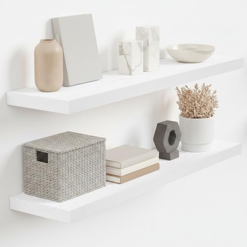 Vivelove Floating Shelves 9 inch Deep 32”Long Set of 2, White | Easy Install With Hardware, 1.5" Thick, Invisible Brackets, Wall Mounted, No Sagging, For Any Room