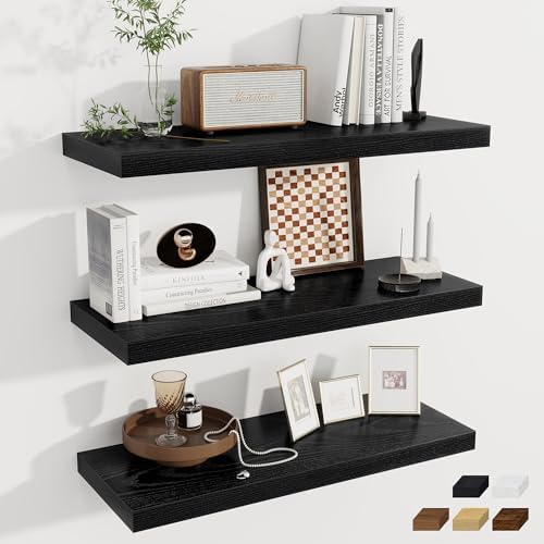 Fun Memories Deep Floating Shelves, 32W x 12D Black Wall Shelves, 32 Long Rustic Wood Wide Storage Shelves for Bedroom, Kitchen, Farmhouse, Laundry Room, Bedroom, Kitchen, Home Office- Set of 3