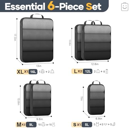 Veken 6/9/11 Set Compression Packing Cubes for Travel Essentials,Compressible Expandable Large Luggage Suitcase Organizer Bags for Clothing,Space Saver Bags with Over 1000 pcs of Mesh Holes(Black)
