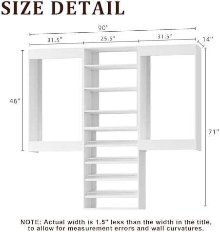 Modular Closet System, 90" Wide Wall-Mounted Closet Tower Organizer with Adjustable Shoe Shelves and Hanging for Walk-In Closet Storage, White