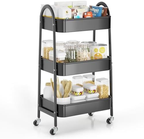 EAGMAK 3 Tier Rolling Cart, Large Metal Storage Cart with Handle and Lockable Wheels, Big Multifunctional Storage Organizer Trolley with Mesh Baskets for Kitchen, Living Room, Office, Garage (Black)