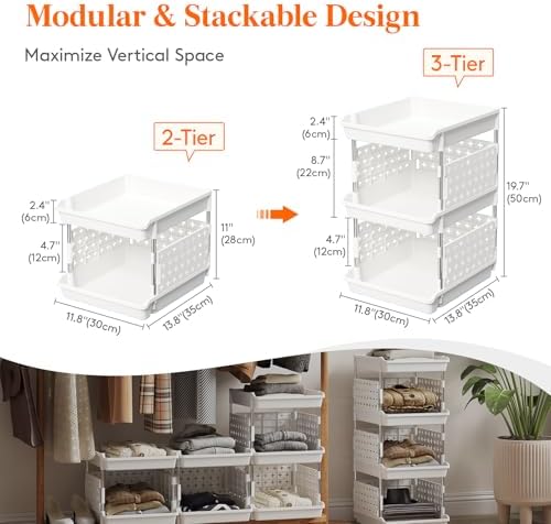 Lifewit 3 Tier Plastic Stackable Storage Baskets for Clothes 1 Pack, White | Stacking Bins for Food, Multifunctional Organizer for RV, Kitchen, Playroom, Pantry and Bathroom