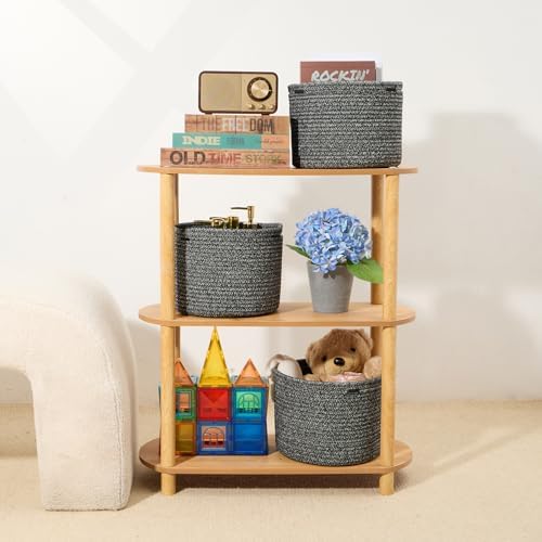 MiniArk Small Basket for Organizing | Cube Shelf Closet Storage Baskets | 9.7×9.7×7.1” | Woven Rope Gift Basket | Nursery | Round 3 Packs Dark Gray