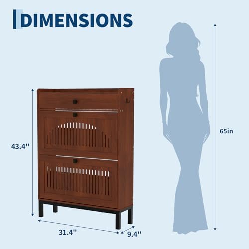 IDEALHOUSE Shoe Cabinet with 2 Flip Drawers and 1 Top Drawer, Walnut