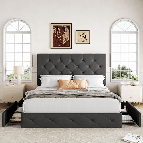 Allewie Full Size Storage Bed Frame with 4 Underbed Drawers, Dark Grey