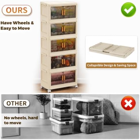 Stackable Plastic Storage Bins with Lids 5 Tier, Collapsible Closet Organizers and Storage with Wheels for Living Room,Office,Dorm 18.9" W x 10.6" D x 46.9" H