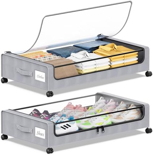 Under Bed Storage with Wheels, 2 Pack Under bed Storage Containers with Clear Lids & Zippers, Under Bed Shoe Storage Organizer, Rolling Underbed Storage for Clothes, Shoes, Blankets (Grey)