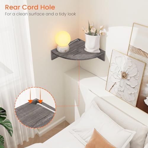 Homode Corner Floating Shelves, Set of 3 Corner Wall Shelves for Storage and Display, 3 Tier Wood Hanging Shelf Organizer for Cable Box, for Bedroom, Bathroom, Kitchen, Rustic Grey