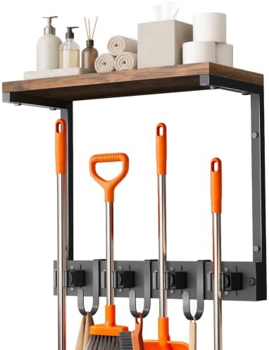 Supforce Small Broom Holder Wall Mount with Shelf, 4 Slots 3 Hooks | Black, 2-In-1 Wall Mount Stores Brooms/Mops, Cleaning Supplies With 4 Grippers/3 Hooks And A Sturdy Wooden Top Shelf