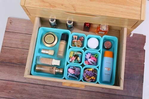 Kutesna 15PCS Interlocking Drawer Organizer, Plastic Desk Organizer Set | 3-Size Versatile Storage Bins,BPA-free,Non-slip, Fits Any Drawer for Cosmetics,Bathroom, Tools,Kitchen and Office（Blue&Green）