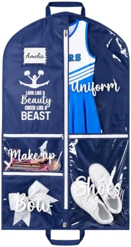 DEEKA Cheer Garment Bag for Hanging Clothes with Zipper Pockets Cheer Accessories Mom Essentials Uniform Costume 40 Inch Black Bags Stuff for Cheerleading Girls (Navy Blue,White-Cheer Quote)