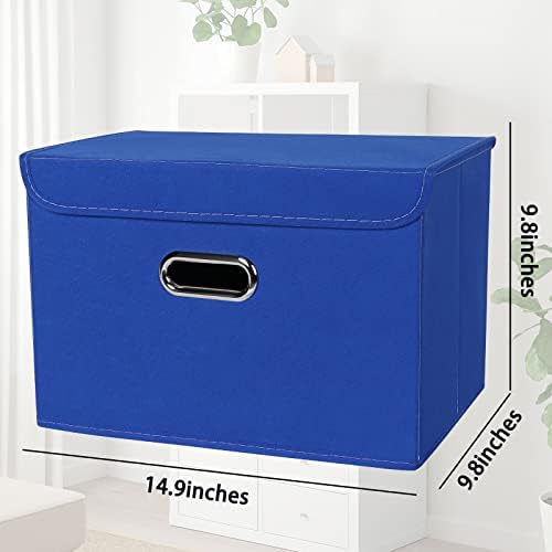 STOREONE Fabric Storage Cube Bins Foldable Organizer Container Collapsible Basket with Lids and Metal Handles, for Home, Bedroom, Closet 3 Pcs (Dark Blue)