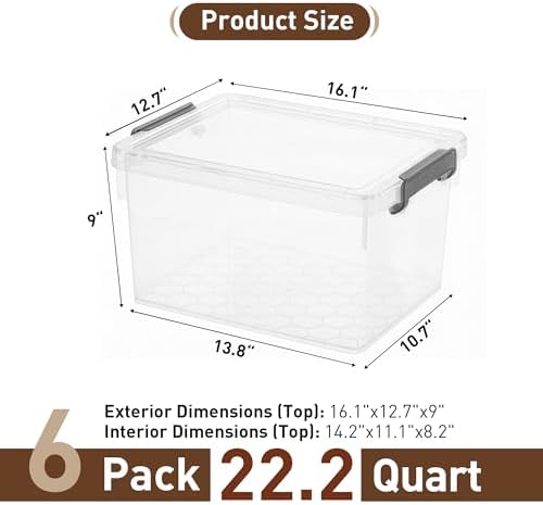 Citylife 22.2 Qt Ultra-Thick Plastic Clear Storage Bins with Lids, 6-Pack