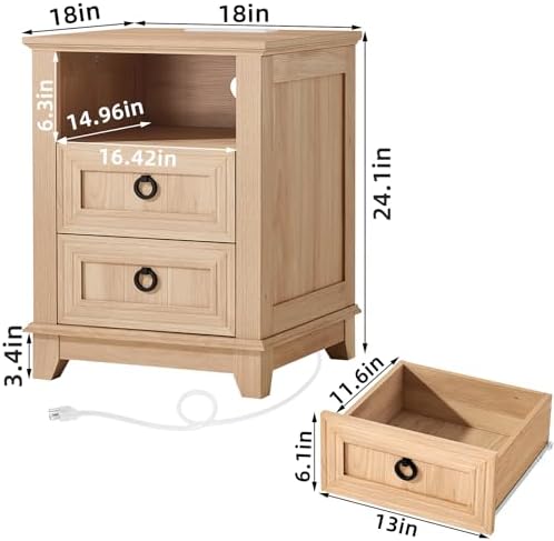 Joaxswe 18" Farmhouse Night Stand Set 2 with Charger Station & 2 Drawers | Nightstand with Storage, Bedside Table w/ 4 Wooden Legs, End Table Bedroom, Bed Side Tables for Living Room (Natural)
