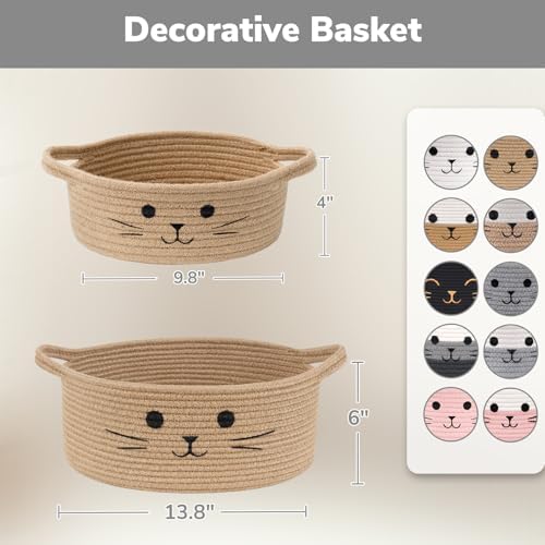 Small Woven Rope Cat Toy Basket with Cat Face Design, White Grey