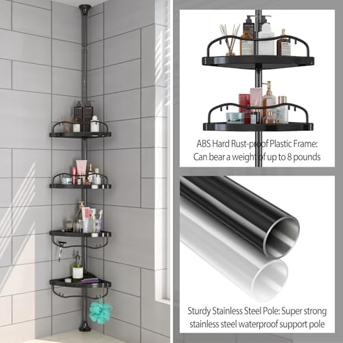 Shower Caddy,Shower Caddy Tension Pole with 4 ABS Baskets,Shower Storage Shelf with 56 to 125 Inch Adjustable Stainless Pole for Bathroom Black