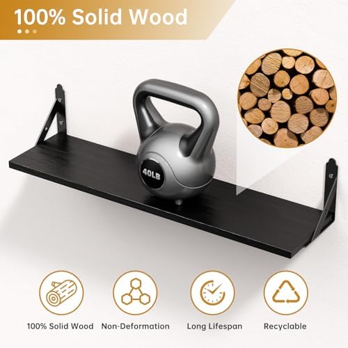 ROMGUAR CRAFT Wood Floating Shelves Set of 4, Rustic Storage Decor Wall Shelves, Wall Mounted Shelf for Living Room, Bedroom 23.6" x 6", Black