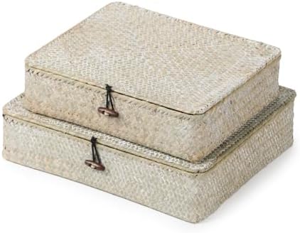 YANGQIHOME Set of 2 Seagrass Baskets with Lids, Rectangular Woven Storage Baskets, Natural Wicker Basket Boxes for Coffee Table, Shelf, Bathroom Counter & Closet Decor (Whitewashed, Set of 2)