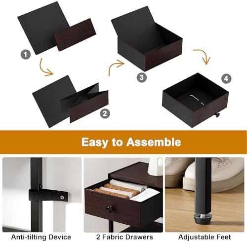 5 Tier Shoe Rack with Drawers, Metal & Wood Shelf Dark Brown
