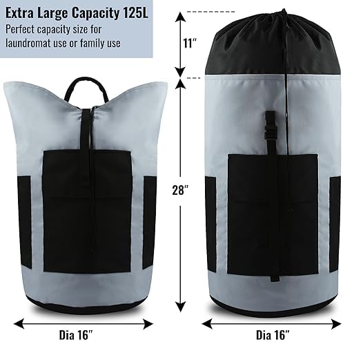 JOINPRO Laundry Bag Backpack, 125L Extra Large Laundry Backpack with Shoulder Straps, Adjustable Extendable Laundry Hamper Bag with 3 Pockets for College, Travel, Camping (Grey)