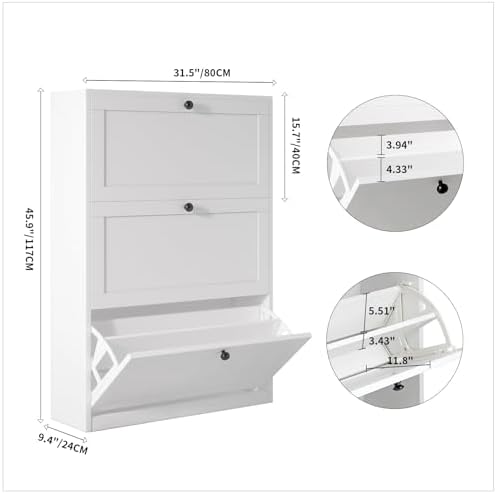 VOWNER Shoe Storage Cabinet with 3 Flip Drawers, Freestanding Shoe Cabinet with Adjustable Shelf & Anti-Tipping Device, Slim Shoe Rack for Entryway, Hallway, Living Room, White (White)