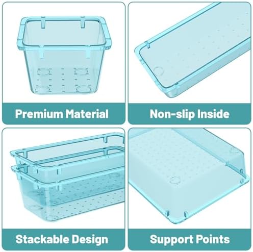 WOWBOX 32 PCS Plastic Drawer Organizer Set, 4 Sizes Desk Drawer Organization and Storage Containers for Makeup, Cosmetics, Jewelry and Gadgets in Kitchen, Bathroom, Bedroom, Office, Clear Sea Blue