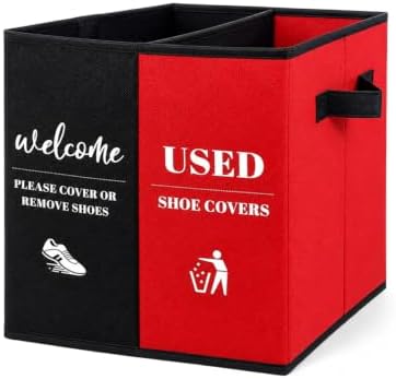 Shoe Cover Box with Door Hanging Sign – Foldable Double Compartment Storage Bin, Freestanding Dispenser Organizer for Home, Office, Entryway (Black Red)