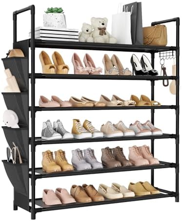 LANTEFUL 6 Tier Shoe Rack, Shoe Organizer Storage for 24-30 Pairs Shoe and Boot, Long Shoe Shelf with Hook and Side Pocket Free Standing Tall Shoe Rack Organizer for Closet, Entryway, Dorm