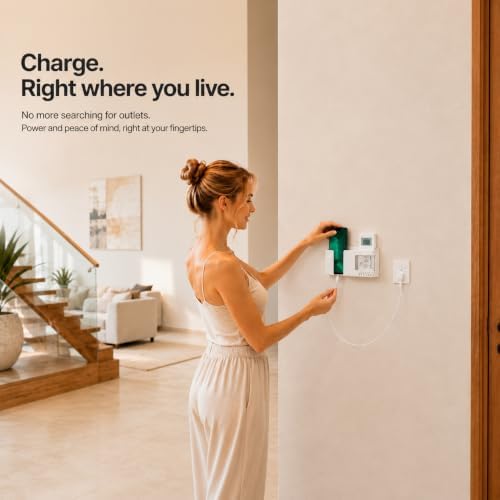 Strong Adhesive Wall Mount Phone Holder D3 Punch-Free Bedside Phone Shelf with Charging Port, Sticky Remote Control Storage Box, Bathroom & Kitchen Wall Organizer (White)