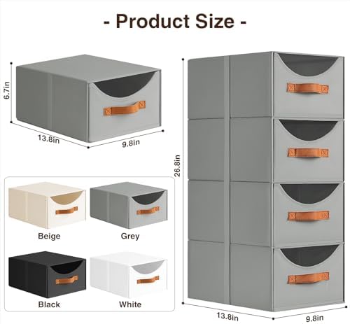 Homsorout Stackable Storage Drawers - Collapsible Storage Bins with Drawers, 8 Pack Closet Shelf Organizer Basket, Fabric Pull Out Organizer for Bedroom, Living Room, Dorm, Grey