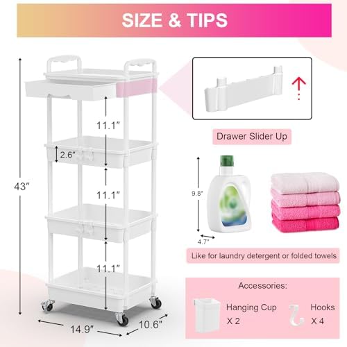 Goovilla 4 Tier Rolling Utility Cart Organizer with Removable Drawer, White | Stable and Sturdy Rolling Storage Carts with 2 Lockable Wheels for Bathroom, Kitchen, Snack, Craft, Makeup, Baby Essentials