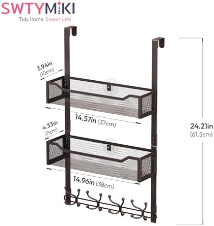 SWTYMIKI Over The Door Hooks Organizer - Multi-Functional Door Hanger with 16 Hooks & 2 Mesh Baskets, Long Coat Rack for Bathroom, Bedroom, Living Room, Home Storage Organizer, Bronze