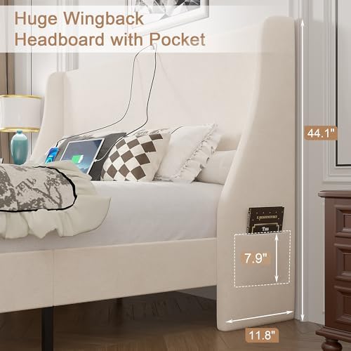 VECELO Queen Bed Frame with Upholstered Wingback Headboard, Heavy-Duty Platform Bedframe with Charging Station, Wooden Slats, No Box Spring Needed, Cream Beige