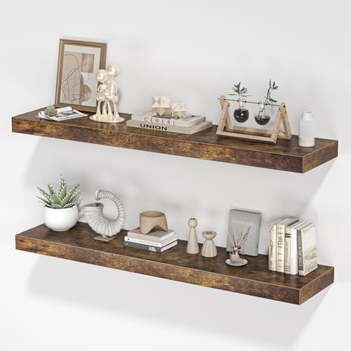 FLYJOE Floating Shelves for Wall, 40"W x 8"D x 1.5"H, Wooden Wall Mounted Display Shelves with Invisible Brackets for Living Room, Bedroom, Bathroom, Kitchen Decor and Storage, Set of 2, Rustic Brown