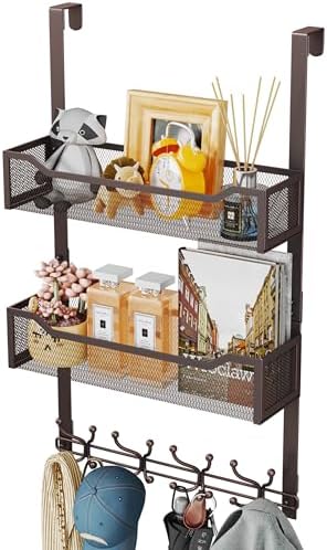 SWTYMIKI Over The Door Hooks Organizer - Multi-Functional Door Hanger with 16 Hooks & 2 Mesh Baskets, Long Coat Rack for Bathroom, Bedroom, Living Room, Home Storage Organizer, Bronze