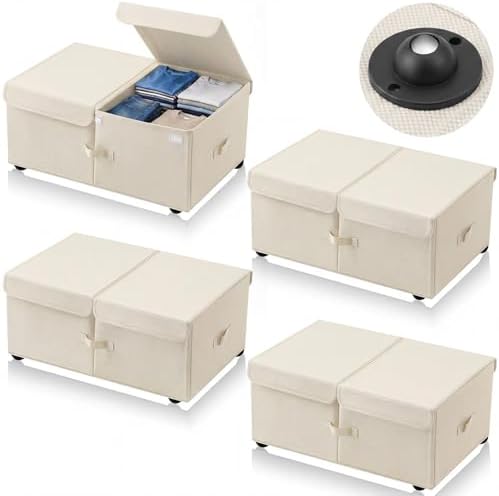 Geelin 4 Pack Under Bed Storage with Wheels, 10 Inch Height 65L Large Capacity Foldable Underbed Storage Bins with Lids & Handles, Easy Assembly Rolling Under Bed Containers for Clothes Blanket, White