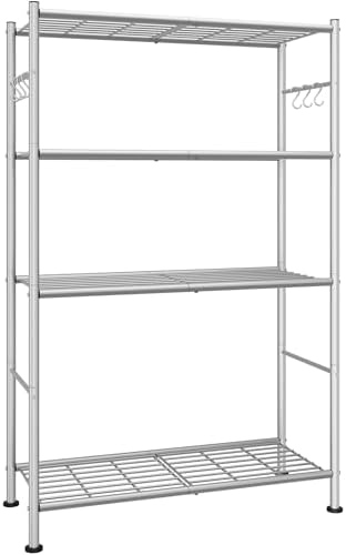 Sakugi Storage Shelves - 4-Tier Spacious Shelf Organizer with Hooks & Leveling Feet, Easy to Assemble, Rust-Resistant Garage Shelving for Kitchen, Pantry, Bedroom, 33.2" x 12.7" x 57.3", Sliver