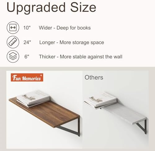 Deep Walnut Floating Shelves for Wall, 24"W x 10"D Wall Shelves Set of 2, 10 Inch Deep Floating Shelf with Brackets, Wide Display & Storage Shelves for Books, Living Room, Kitchen, Bathroom