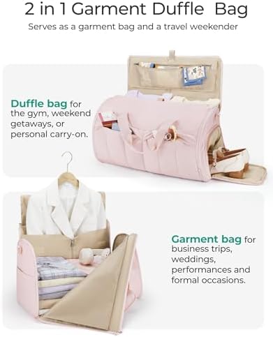 BAGSMART Garment Duffel Bag, Convertible 2-in-1 Puffy Water-Resistant Carry-On with Shoe Compartment, Khaki
