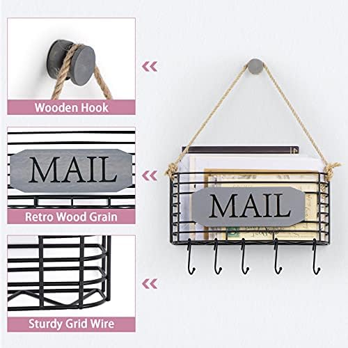 SRIWATANA Mail Organizer Wall Mount, 5 Key Hooks, Small, Weathered Grey