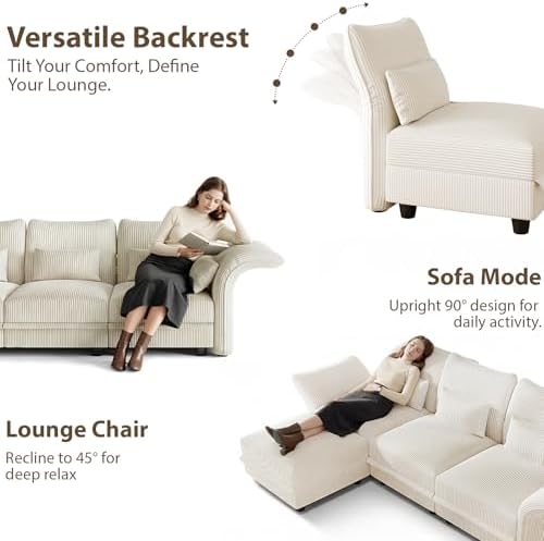 LLappuil Corduroy Modular Sectional Sofa with Storage Seat, Convertible Sectional Couches for Living Room with Adjustable Arms Backs, Plush Cushions, 8 Seater, Beige