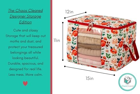 Chaos Cleared Canvas Storage Bags Designer Organizer 2 Pack – Seasonal Storage for Sweaters, Blankets, Linens & Garments – Foldable Design with Zip & Window (Red Floral Print)