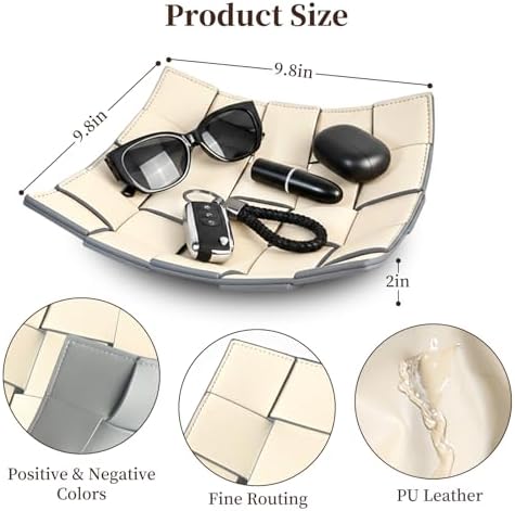 MSJGA Valet Tray PU Leather Key Holder Bowl for Women and Men Entryway Table Nightstand Desk Tray for Wallet, Keys Men's Gift - Beige & Gray, 9.8" L x 9.8" W x 2" H