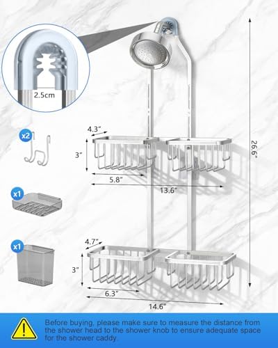 Adjustable Shower Caddy Hanging for Handheld Showerheads - Upgraded Never Rust Shower Hanging Organizer, Bathroom Shower Rack with Soap Basket, Hooks and Toothbrush Holder (Shiny Silver)