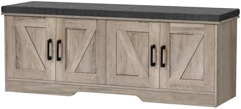 HOMSHO Farmhouse Shoe Storage Bench with 4 Barn Doors & Padded Seat Cushion