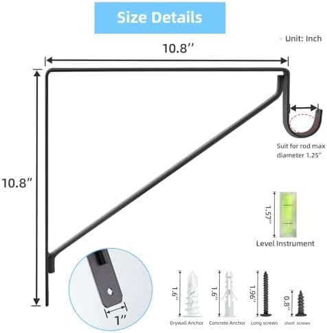 6-Pack Closet Rod Bracket, 10.8x10.8Inch Closet Shelf Brackets Heavy Duty Wall Mounted, Matte Black Steel Closet Rod Support Brackets Holder, 300 Lbs Load Capacity with Anchors Screws