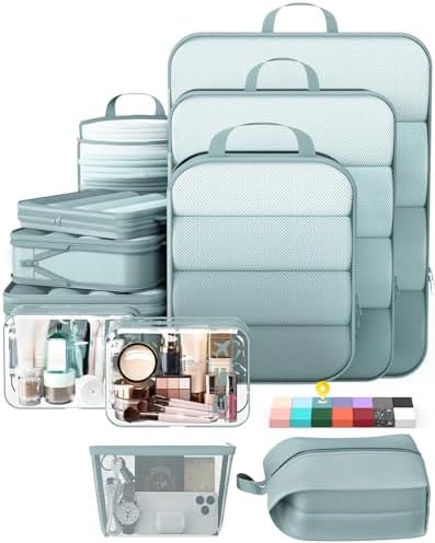 Veken 11 Set Compression Packing Cubes Garment Bags for Travel Essentials,Compressible Expandable Luggage Organizer Bags for Clothing,Space Saver Bags with Over 1000 pcs of Mesh Holes(Blue Gray)