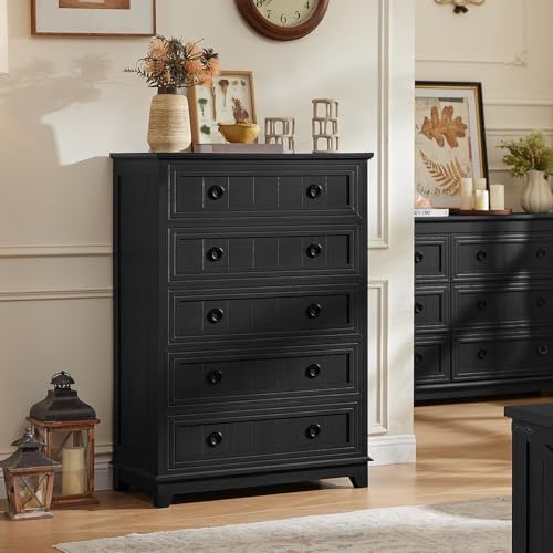 Joaxswe Farmhouse 5 Drawer Dresser for Bedroom Set of 2, 42" Tall Small Dressers & Chest of Drawers, Rustic Wood Dresser with Metal Handle, Storage Organizer Closet for Living Room, Hallway,Entryway | Chest of Drawers, Rustic Wood Dresser with Metal Ha...