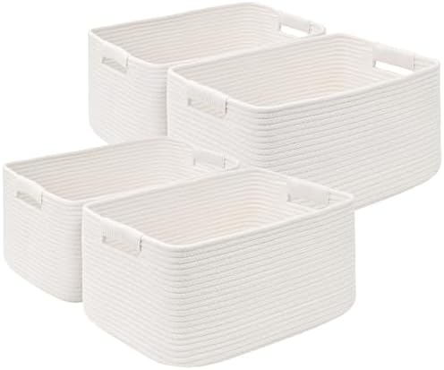 4 Pack Large Storage Basket for Organizing, 17.5"x13"x7" Woven Basket for Shelves, Closet Cube Storage Bins with Wrapped Handle, Cotton Rope Baskets for Kitchen, Clothes, Toys(Off White)